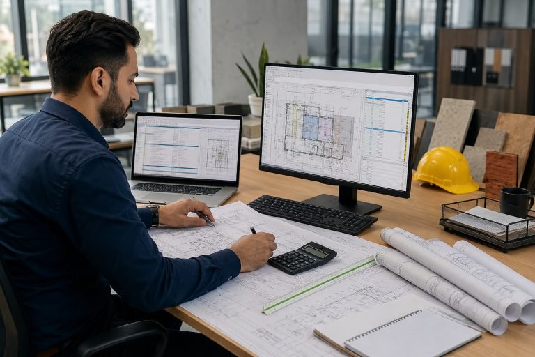 Construction estimator reviewing quantity takeoff and project drawings