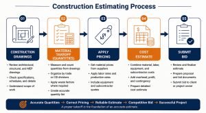 Construction estimating process from drawings to material takeoff, pricing, cost estimate, and bid