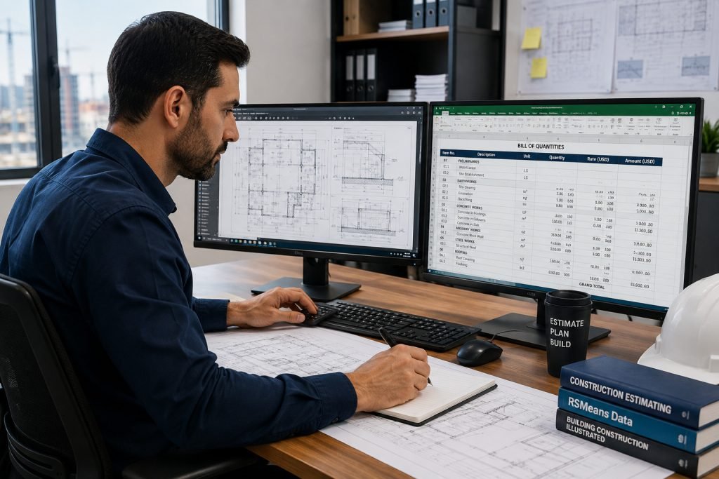 Construction estimator preparing a Bill of Quantities from project drawings