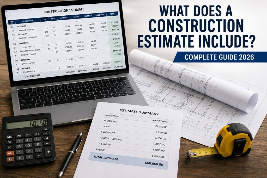 Construction estimate document with blueprints and calculator
