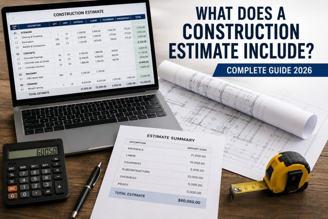 Construction estimate document with blueprints and calculator