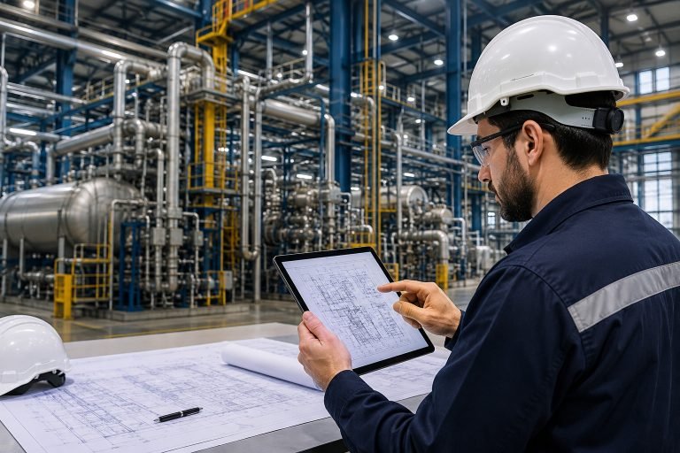 Industrial estimating engineer reviewing plant drawings and quantity takeoffs inside a manufacturing facility