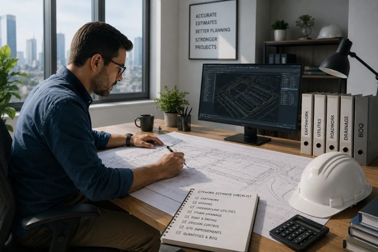 Civil engineer preparing a civil and sitework estimate using project drawings, quantity takeoffs, and construction plans