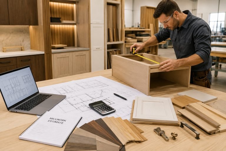 Cabinet maker measuring custom cabinetry with millwork drawings and woodworking materials