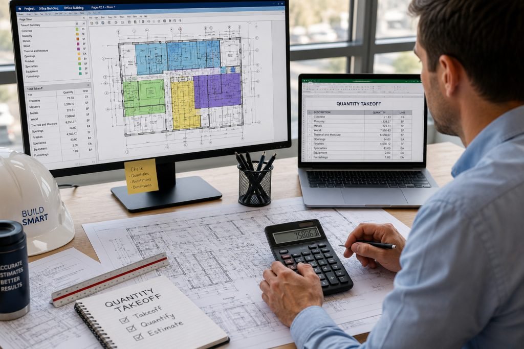 Construction quantity takeoff process using project drawings and material measurement software
