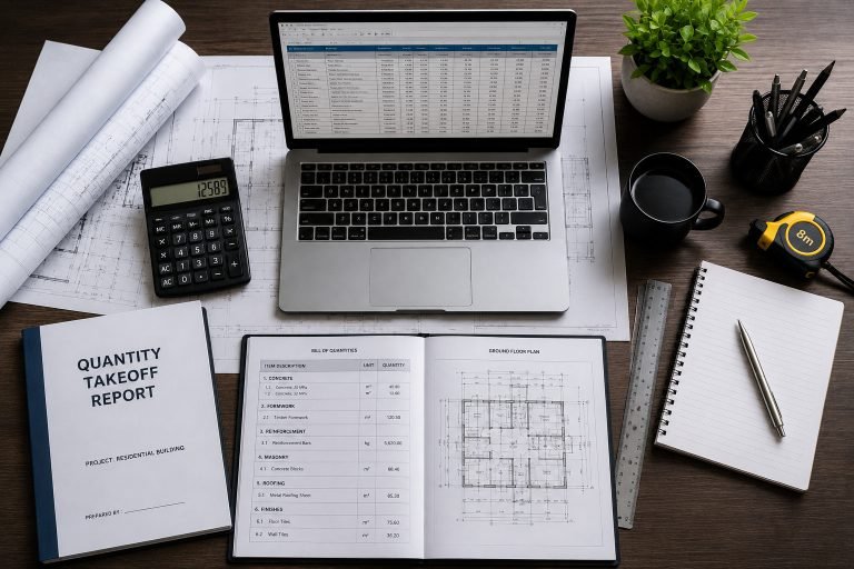 Quantity takeoff report with organized material breakdown and construction drawings