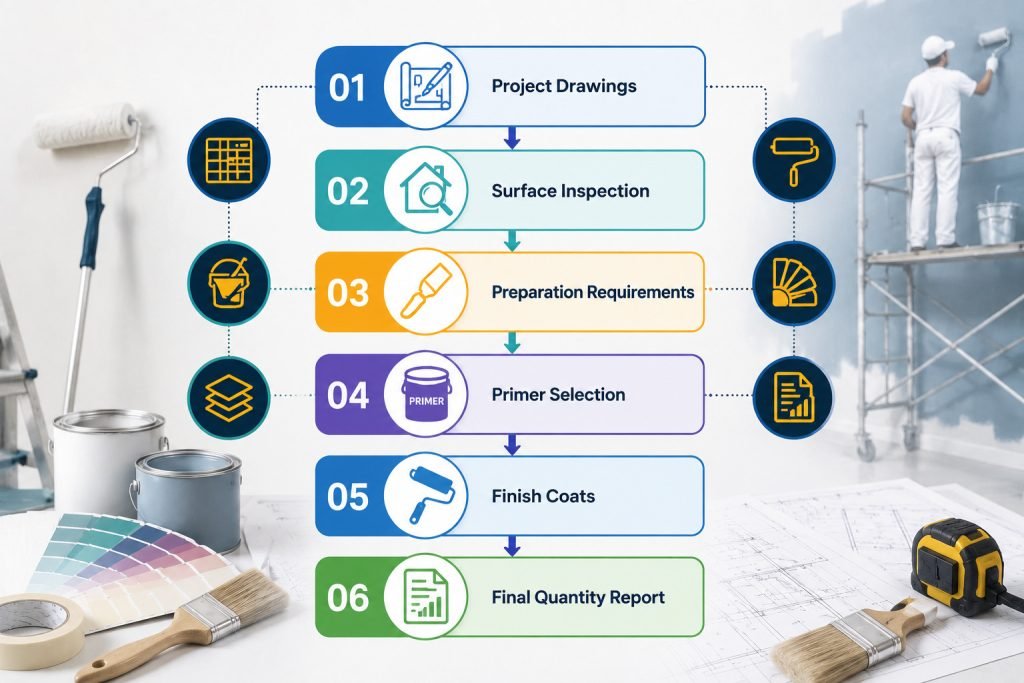 Painting estimating workflow showing project drawings, surface inspection, primer selection, finish coats, and final quantity report