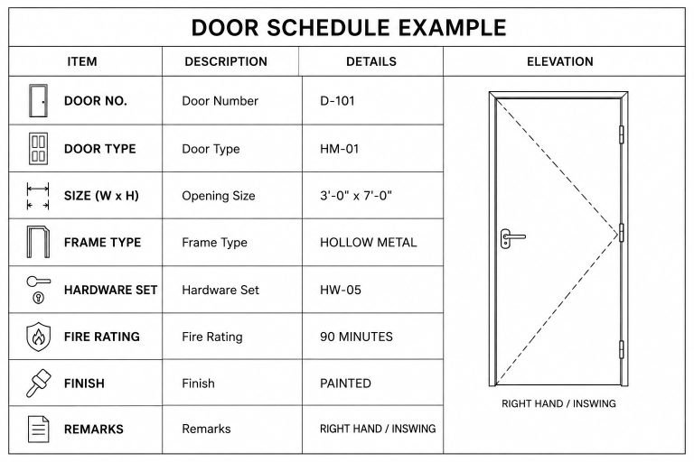 construction door schedule example showing door number, frame type, hardware set, fire rating, and opening dimensions