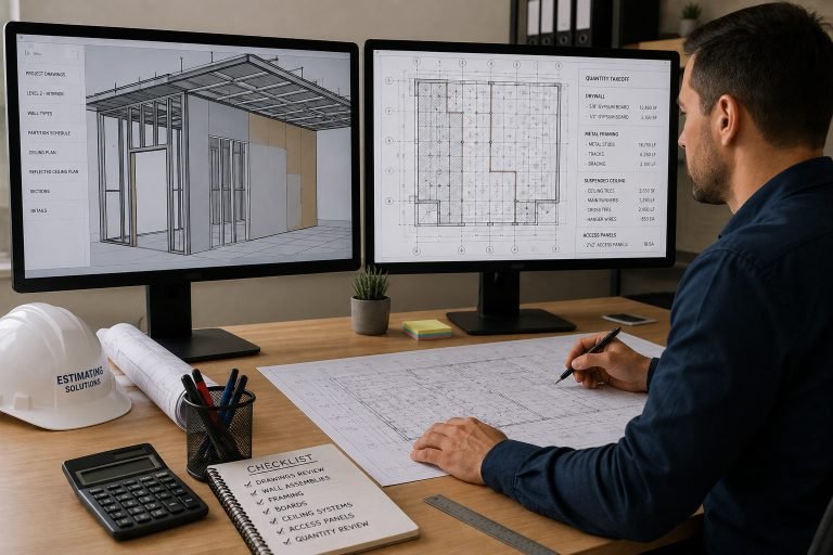 Estimator reviewing partition framing drawings and suspended ceiling plans for quantity takeoff
