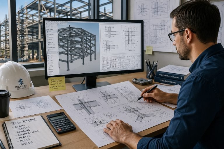 Structural steel engineer reviewing fabrication drawings and steel connection details for quantity takeoff