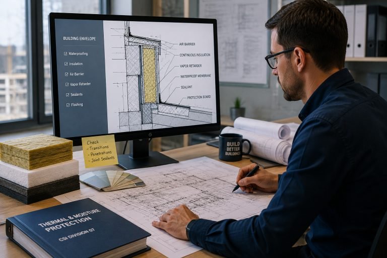 Estimator reviewing building envelope insulation waterproofing and moisture protection drawings