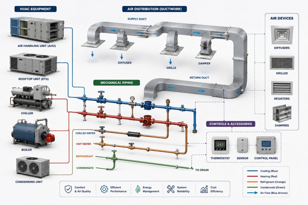 HVAC system diagram showing equipment, ductwork, mechanical piping and air distribution