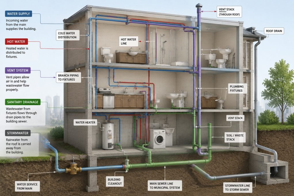 Plumbing system cutaway showing water supply, drainage, vents and fixtures