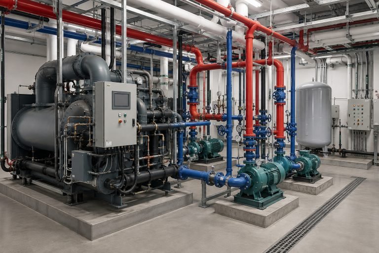 Mechanical plant room with pumps, piping, valves and industrial equipment