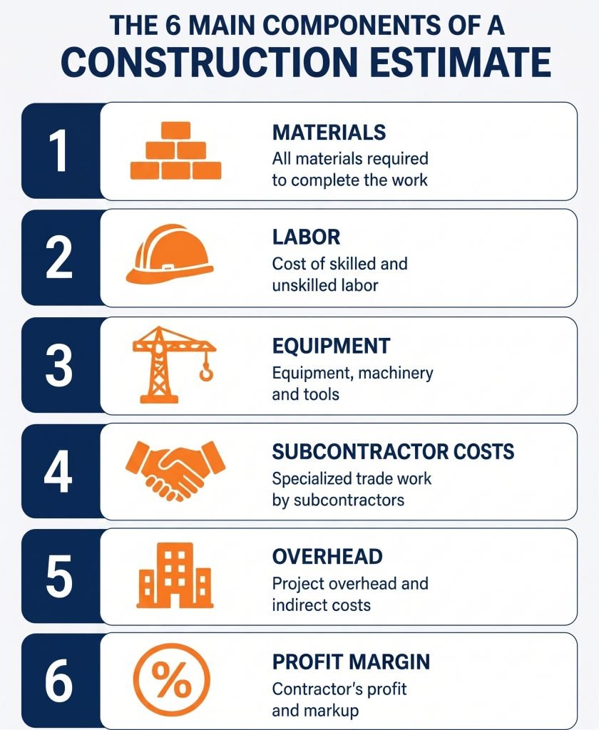 Six main components of a construction estimate including materials, labor, equipment, subcontractors, overhead, and profit