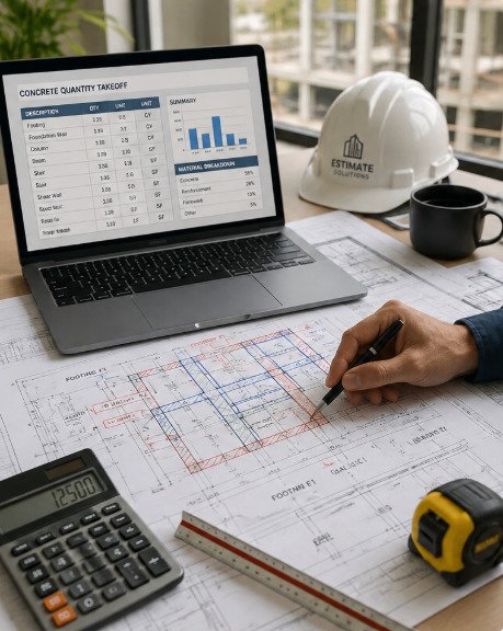 Professional estimator working on concrete takeoff plans